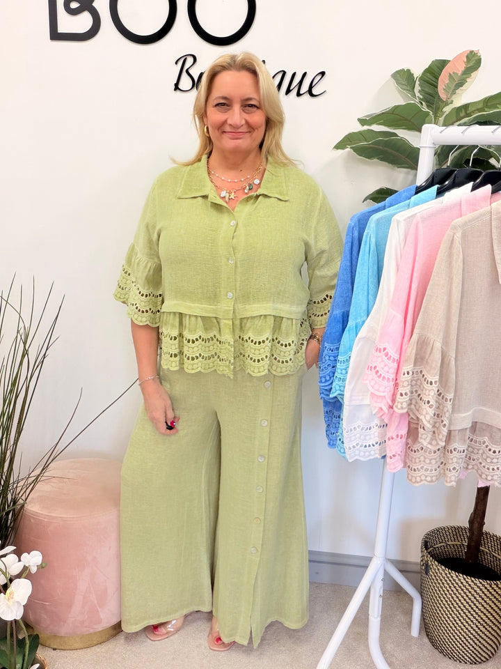 Ladies Fashion Broderie Anglaise Teabag Linen Top pistachio lime green