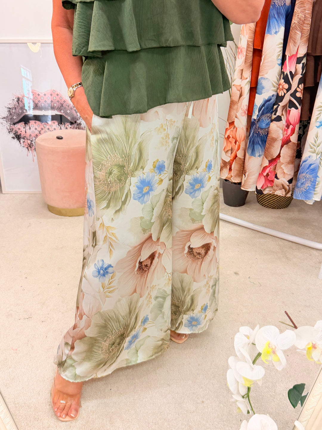 Ladies Satin Flower Print Wide Leg Trousers - Rust, Khaki, Pale Blue, Navy & Black