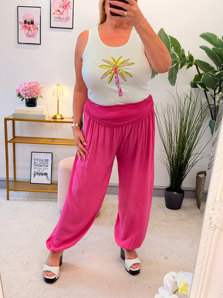 Ladies White Ribbed Palm Tree Vest Top
