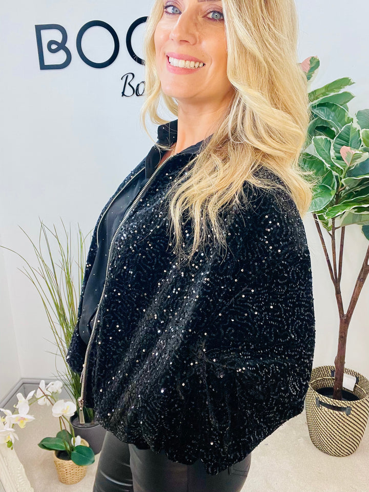 LADIES SEQUIN BOMBER JACKET - BLACK, SILVER, BERRY, BROWN