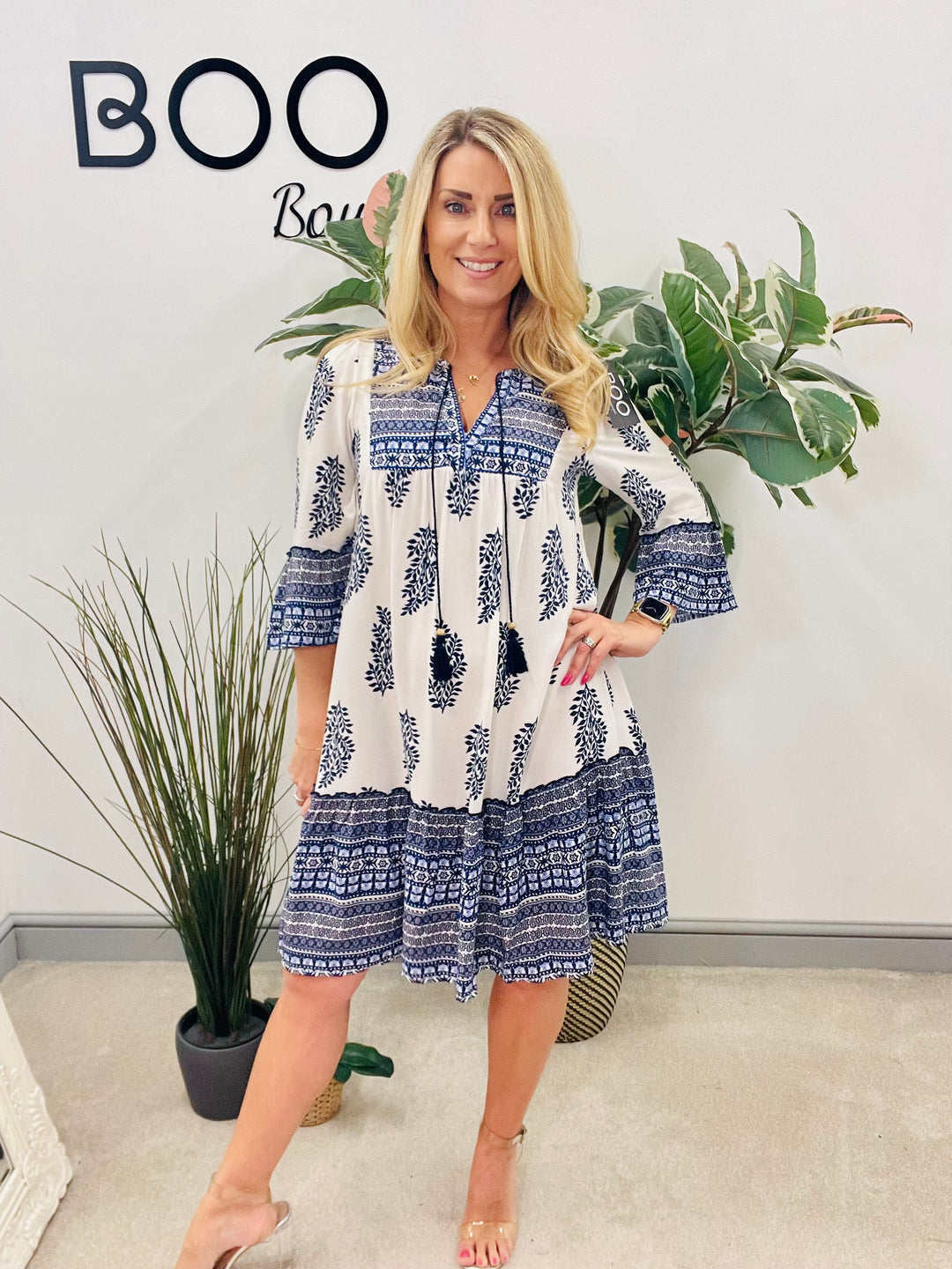 LADIES WOMENS NAVY & WHITE PAISLEY PRINT SWING SMOCK SUMMER HOLIDAY DRESS