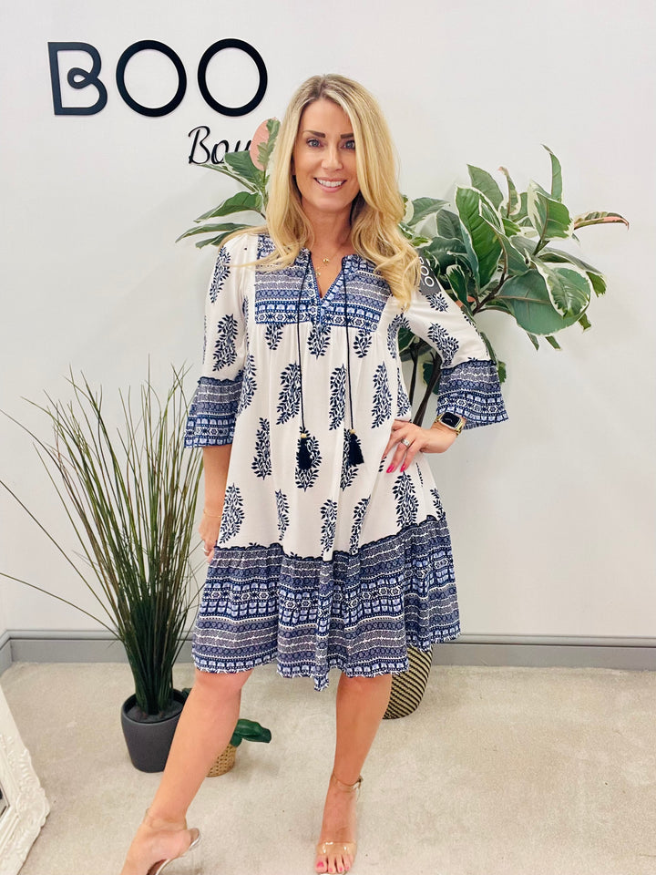 LADIES WOMENS NAVY & WHITE PAISLEY PRINT SWING SMOCK SUMMER HOLIDAY DRESS