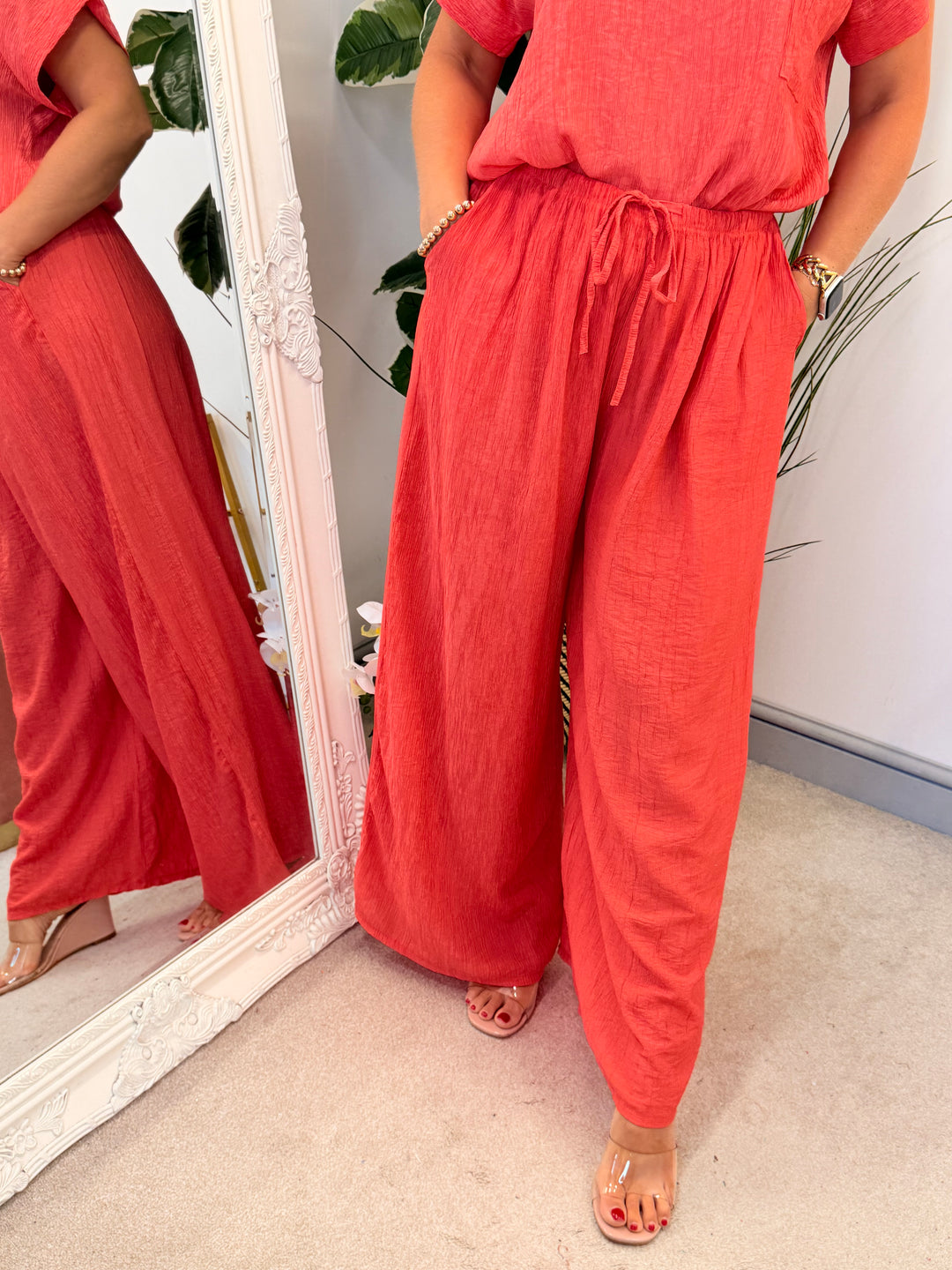Ladies Non Crease Wide Leg Trousers - Rust, Coral, Black, White, Khaki, Lime, 