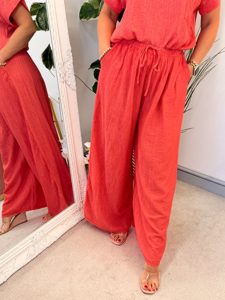 Ladies Non Crease Wide Leg Trousers - Rust, Coral, Black, White, Khaki, Lime, 