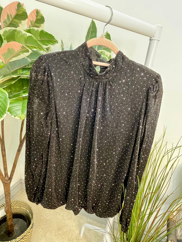 LADIES LUREX BLOUSON HIGH NECK TOP - BLACK & BRONZE