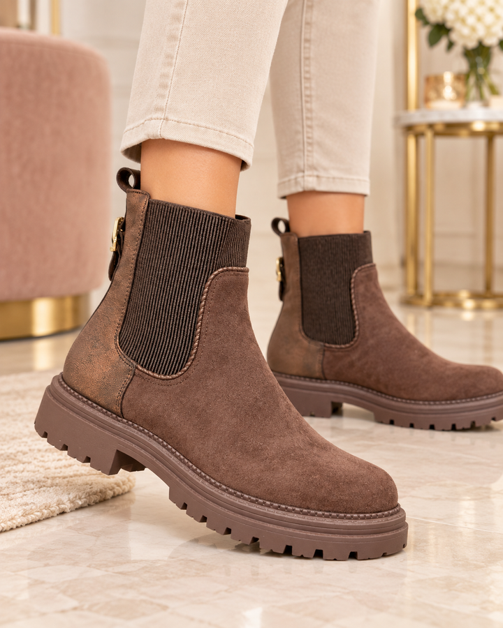 Ladies Chocolate Brown Faux Suede Flat Ankle Boots ( 844 )