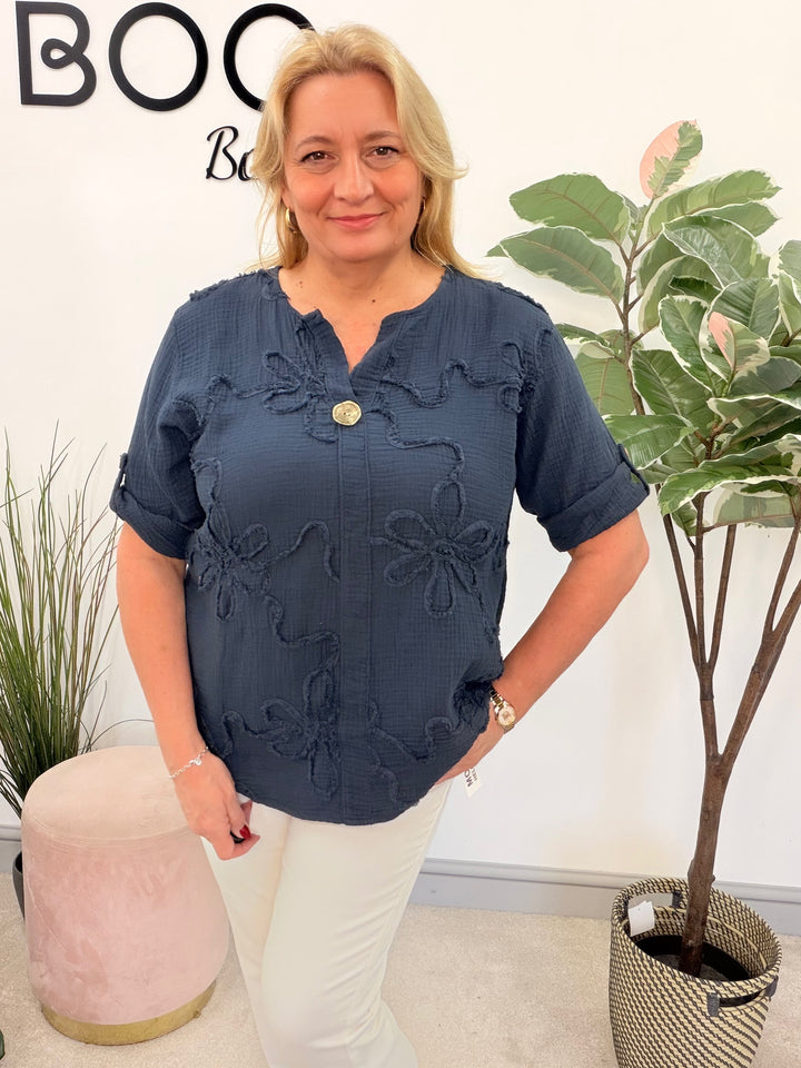 Ladies Fashion Cheesecloth Grandad Top - lemon, white, pink, navy