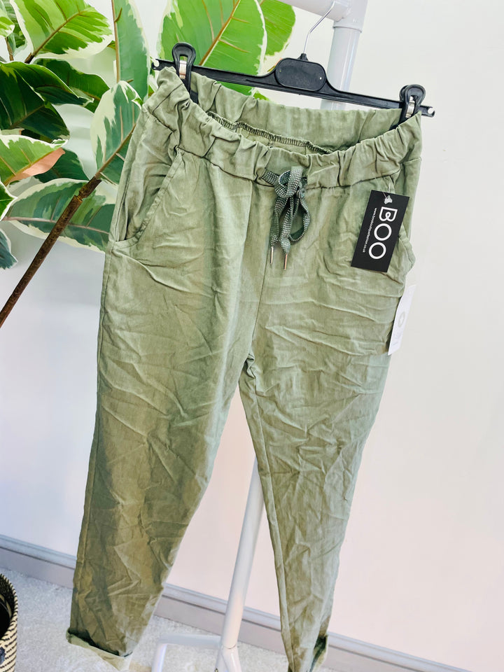 LADIES WOMENS KHAKI CRINKLE STRETCH CASUAL MAGIC TROUSERS