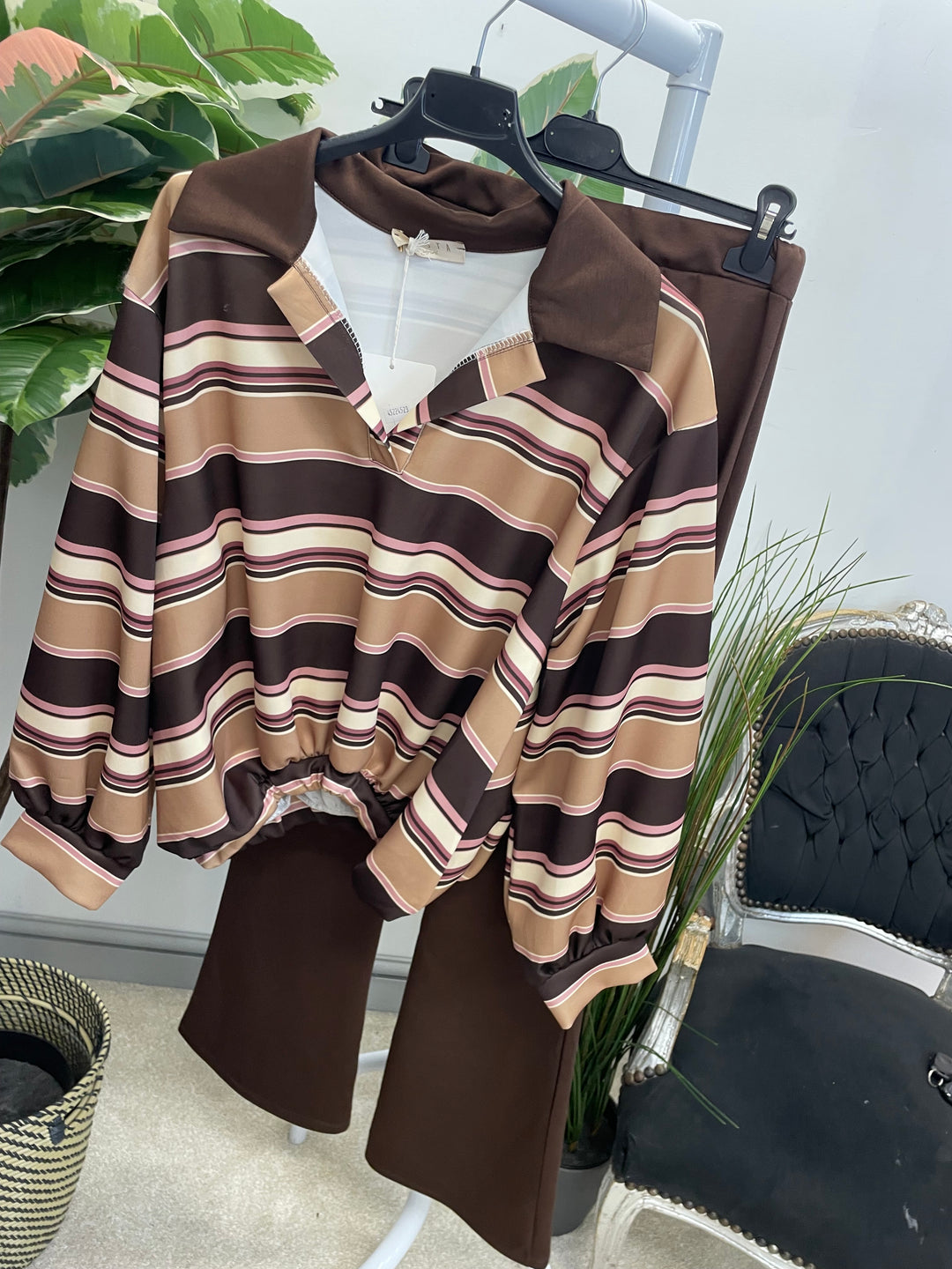 LADIES RUGBY TOP STRAIGHT LEG CO ORD SET - PLUM, MOCHA, BROWN