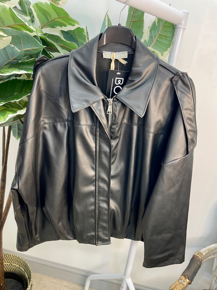 LADIES FASHION FAUX LEATHER BOMBER JACKET - BLACK, BROWN & BEIGE