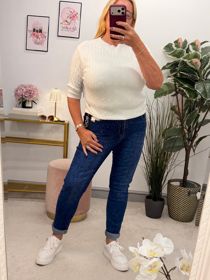 Ladies Fashion Diamante Mom Fit Blue Denim Jeans