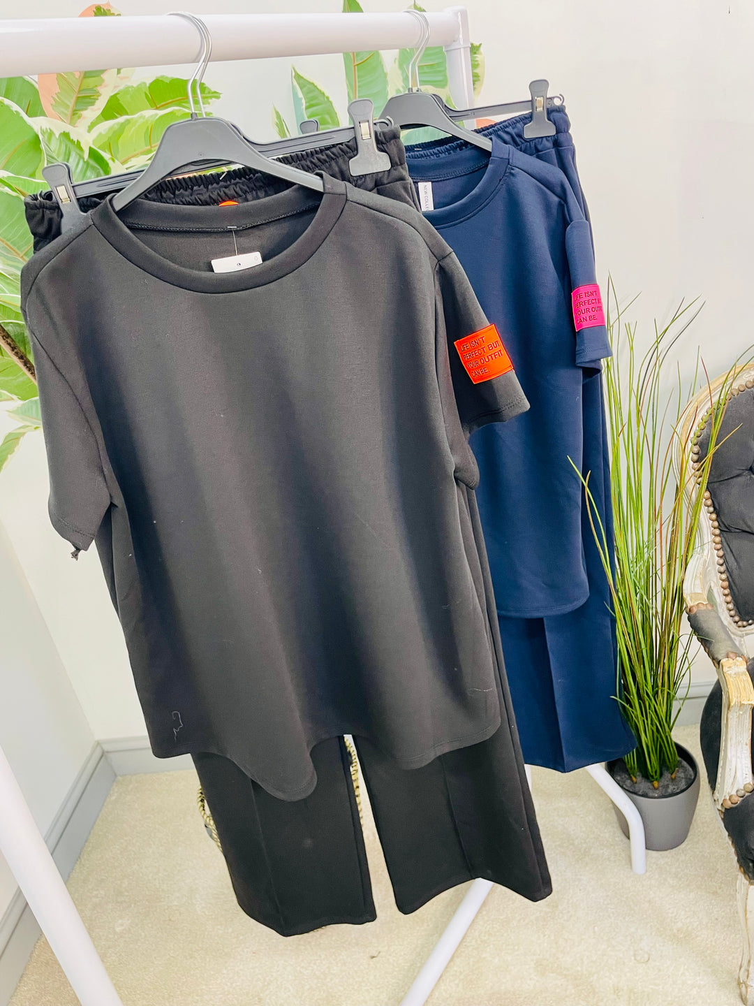 LADIES STRAIGHT LEG TROUSER TRAVELLING CO ORD SET - BLACK AND NAVY