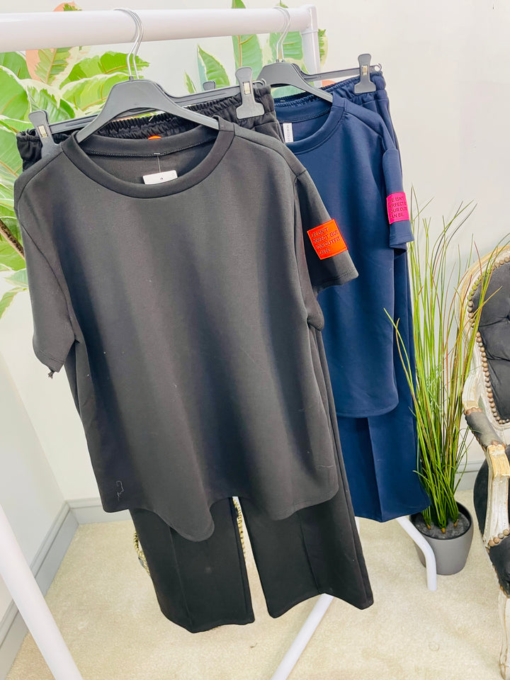 LADIES STRAIGHT LEG TROUSER TRAVELLING CO ORD SET - BLACK AND NAVY