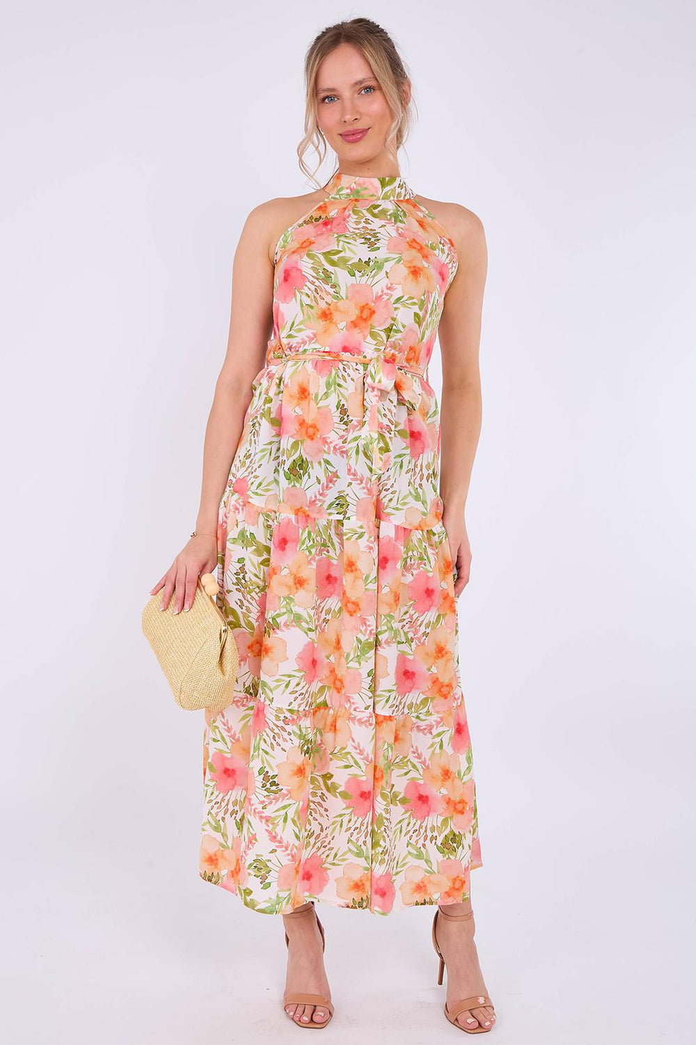 LADIES WOMENS ORANGE PARTY SUMMER WEDDING MIDI DRESS