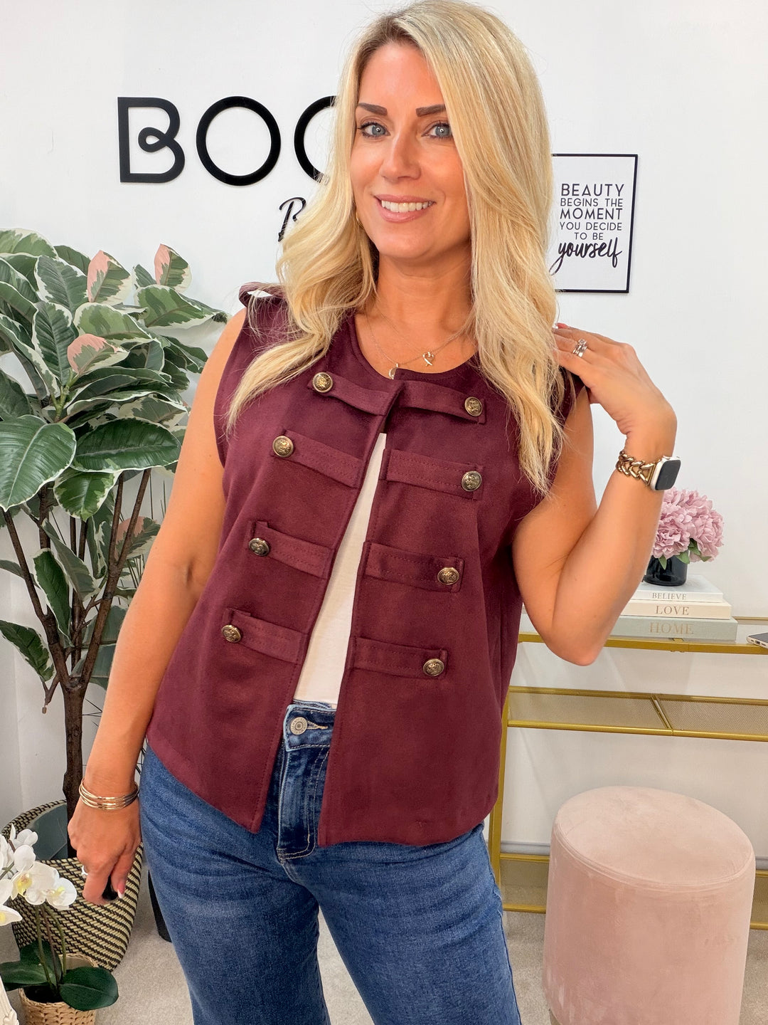 Ladies Fashion Faux Suede Military Waistcoat - Black, Navy, Beige & Wine