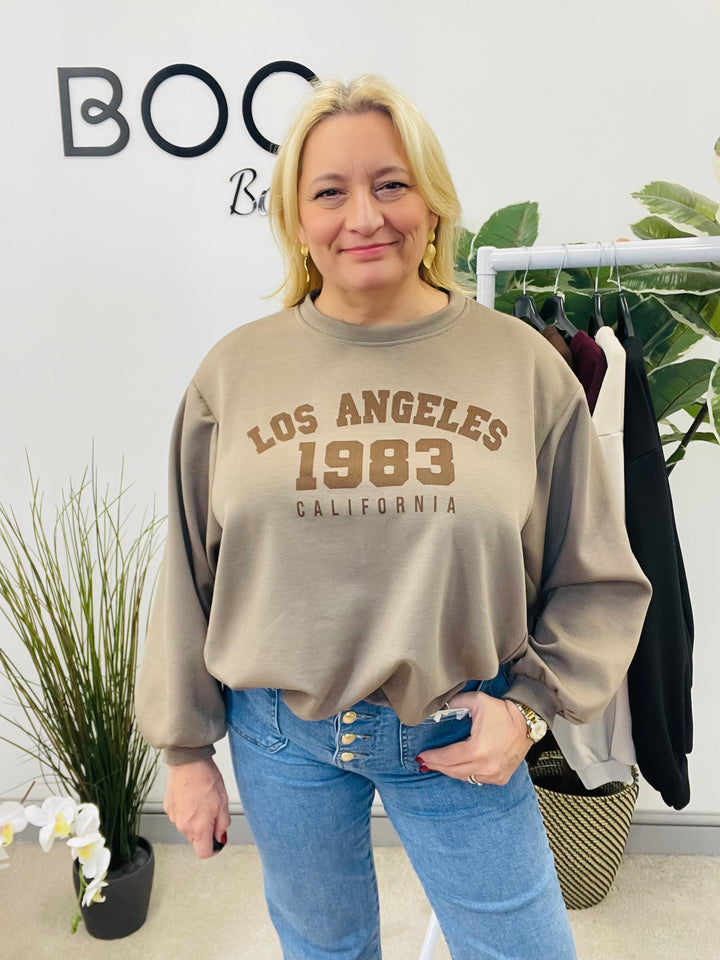 LADIES BUBBLE HEM NEW YORK SWEATSHIRT TOP - BERRY, BLACK, TAUPE, CREAM & BROWN