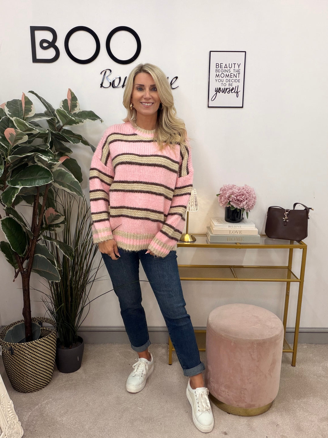 Ladies Fashion Pink Brown Cream Stripe Jumper