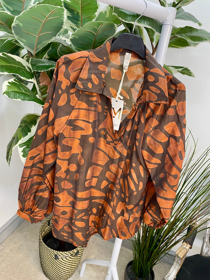 LADIES V NECK FLOATY TOP BLOUSE - BROWN, BLUE, RASPBERRY, BLACK