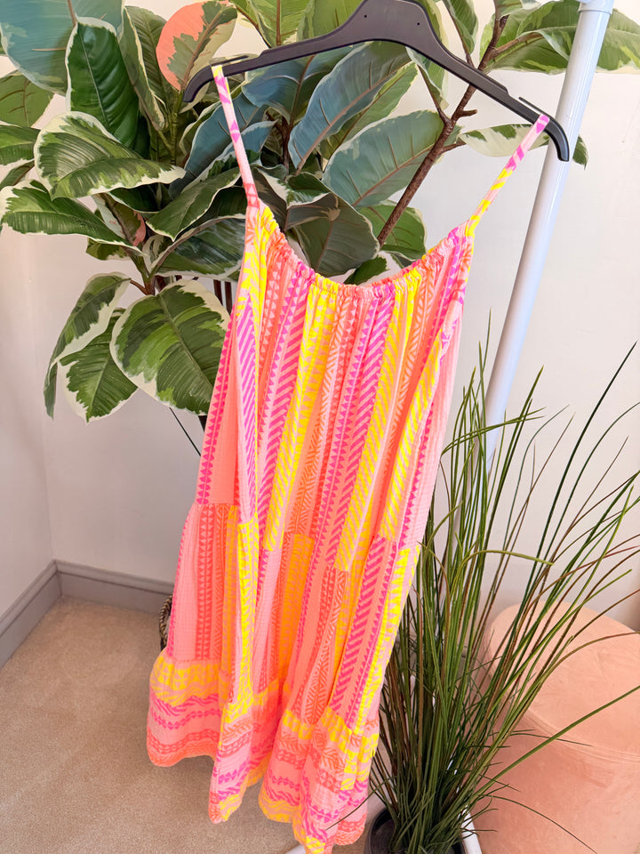 Ladies Aztec Print Cheesecloth Summer Sun Dress - Pink & Navy