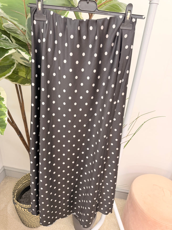 Ladies Satin Polka Dot Maxi Skirt - Black, White, Lemon, Blue & Pink