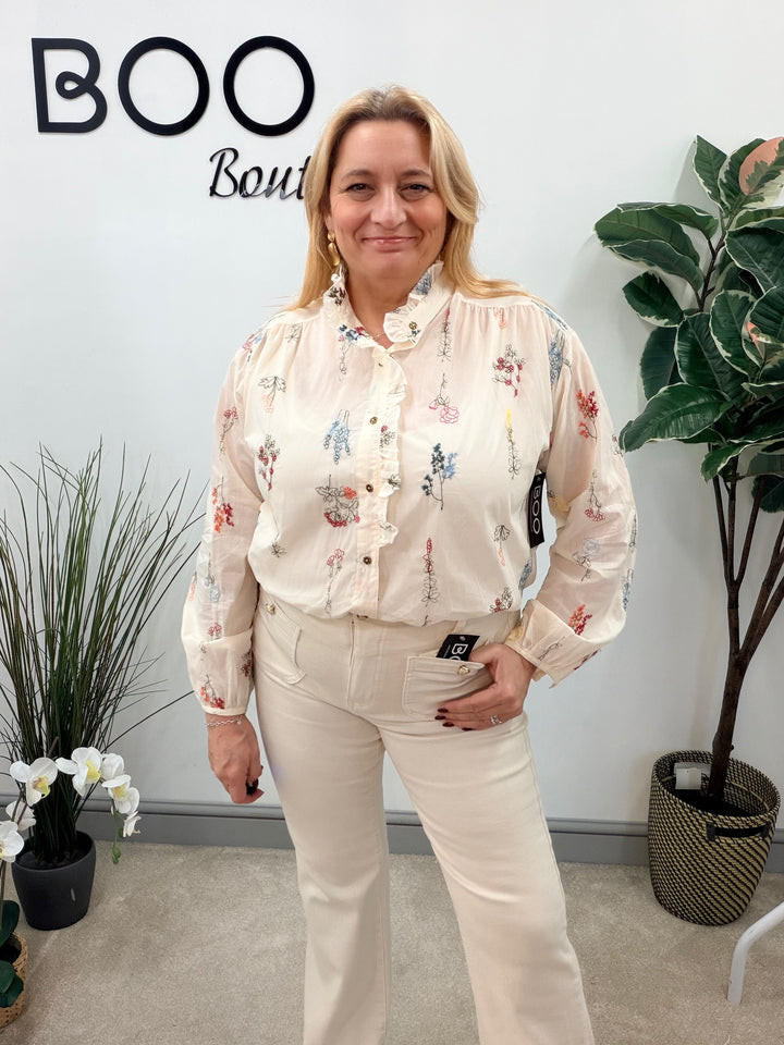 LADIES CREAM EMBROIDERED BLOUSE SHIRT