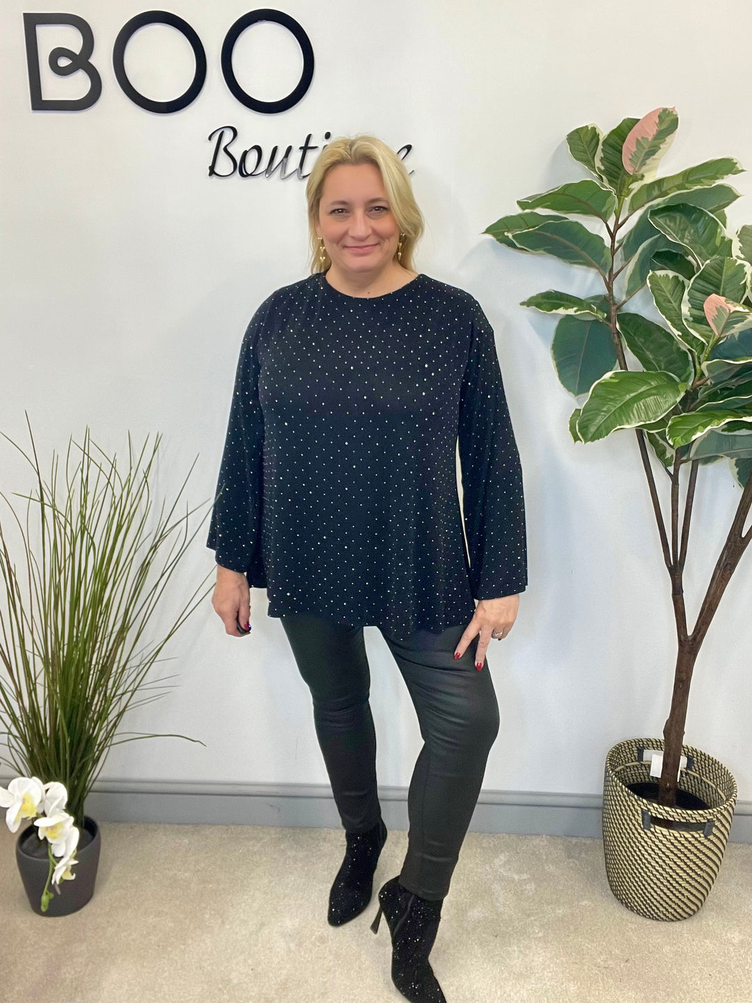 LADIES LUREX FLOATY BOW BACK TOP - BLACK, SILVER, GOLD, RED