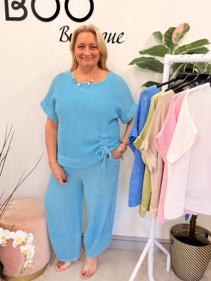 Ladies Fashion Teabag Linen Short Sleeve Top turquoise