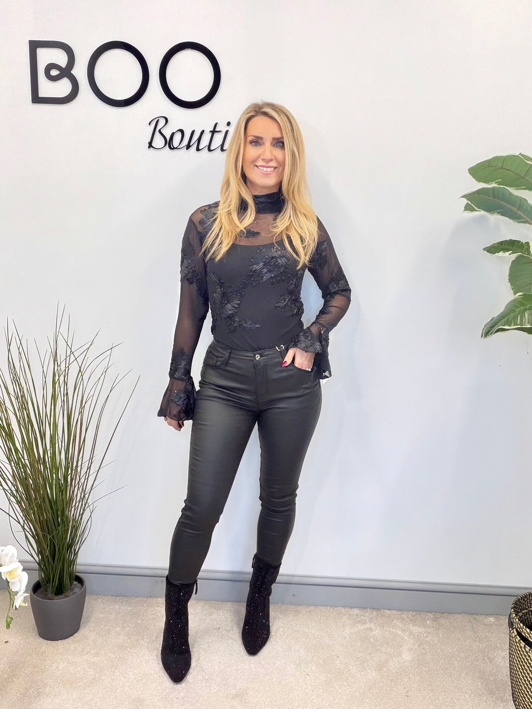 LADIES SHEER LACY TOP - BLUE, BLACK, WHITE, PINK & BROWN