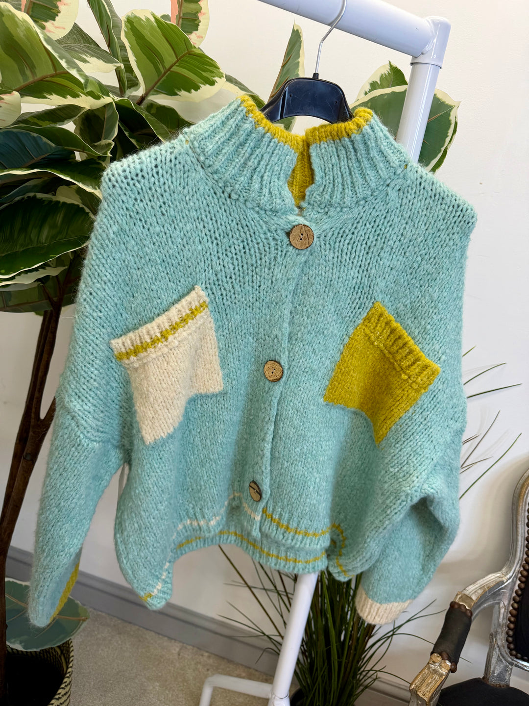 LADIES FUNKY CHUNKY KNIT TWO TONE CARDIGAN - MINT, BEIGE, ORANGE & LIME