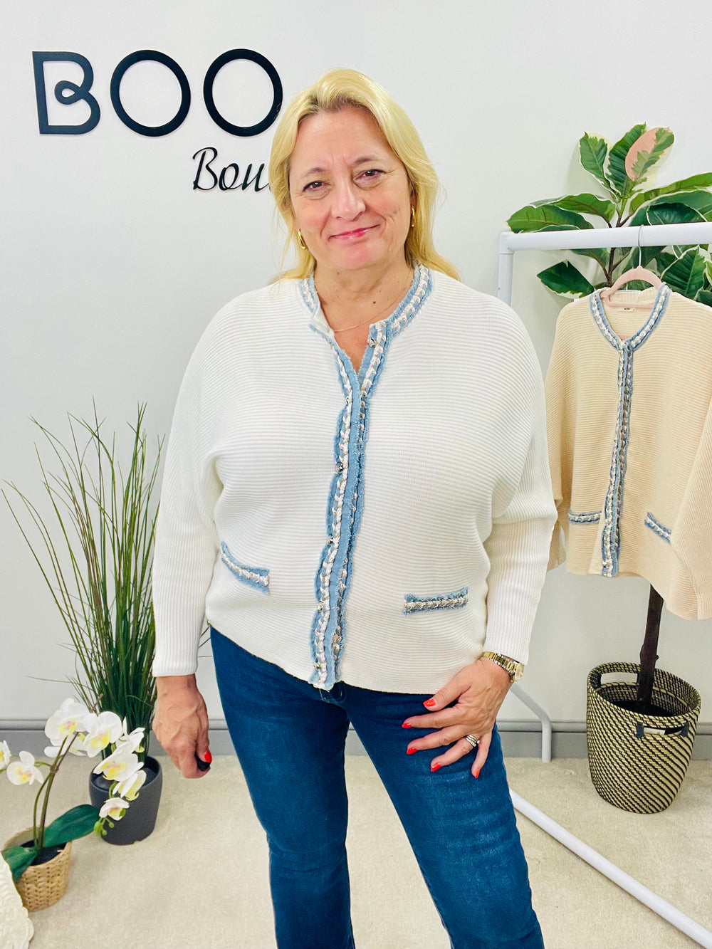 LADIES RIB KNIT BATWING DENIM DETAIL CARDIGAN - WHITE & BEIGE