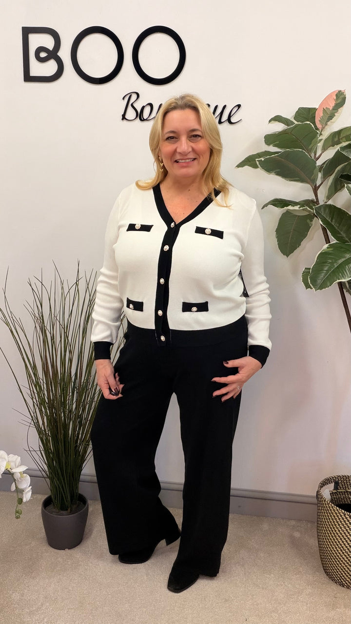 LADIES FASHION BLACK & WHITE MONOCHOME WIDE LEG TROUSER CO ORD SET