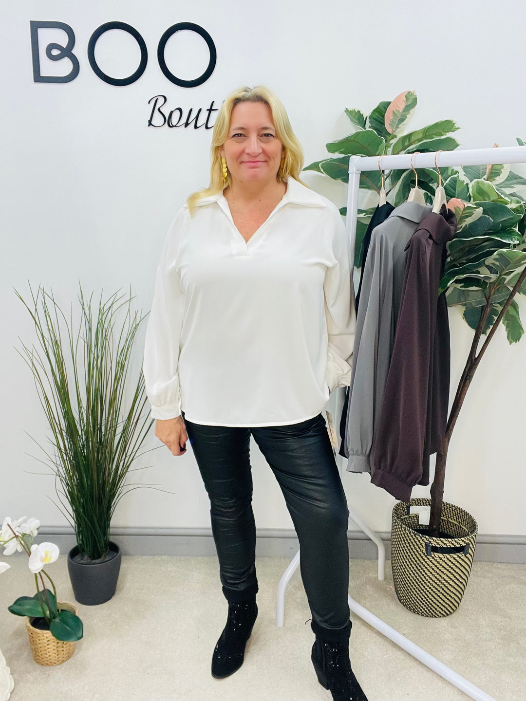 LADIES V NECK LUXURY BLOUSE - BROWN, GREY, WHITE & BLACK