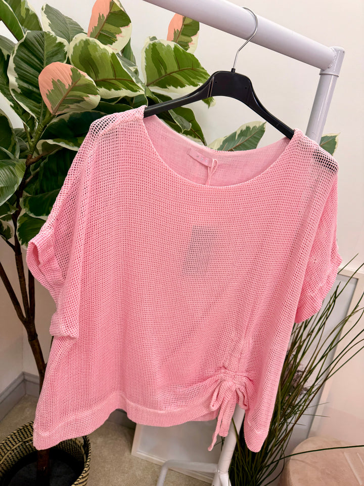 Ladies Fashion Teabag Linen Short Sleeve Top candy pink