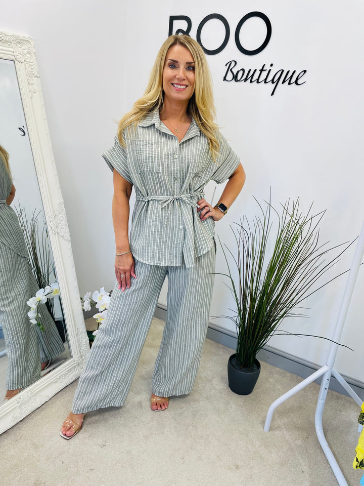 LADIES PINSTRIPE LINEN TROUSER CO ORD SET - BLUE, GREY, KHAKI & BEIGE