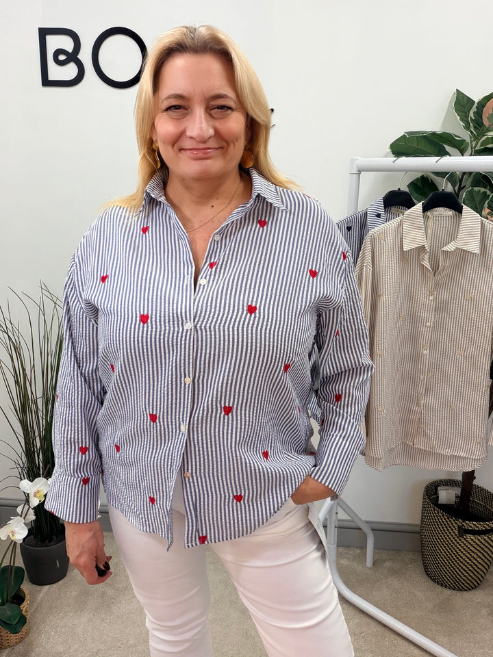 Ladies Fashion Pinstripe Shirt - Navy, Blue & Beige