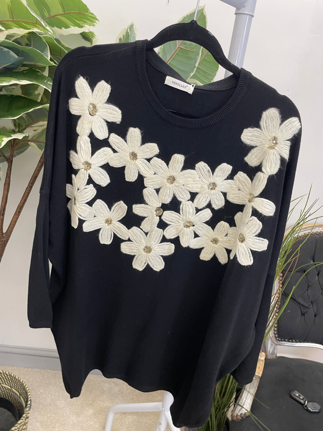 LADIES EMBROIDERED OVERSIZE LOOSE FIT JUMPER BLACK