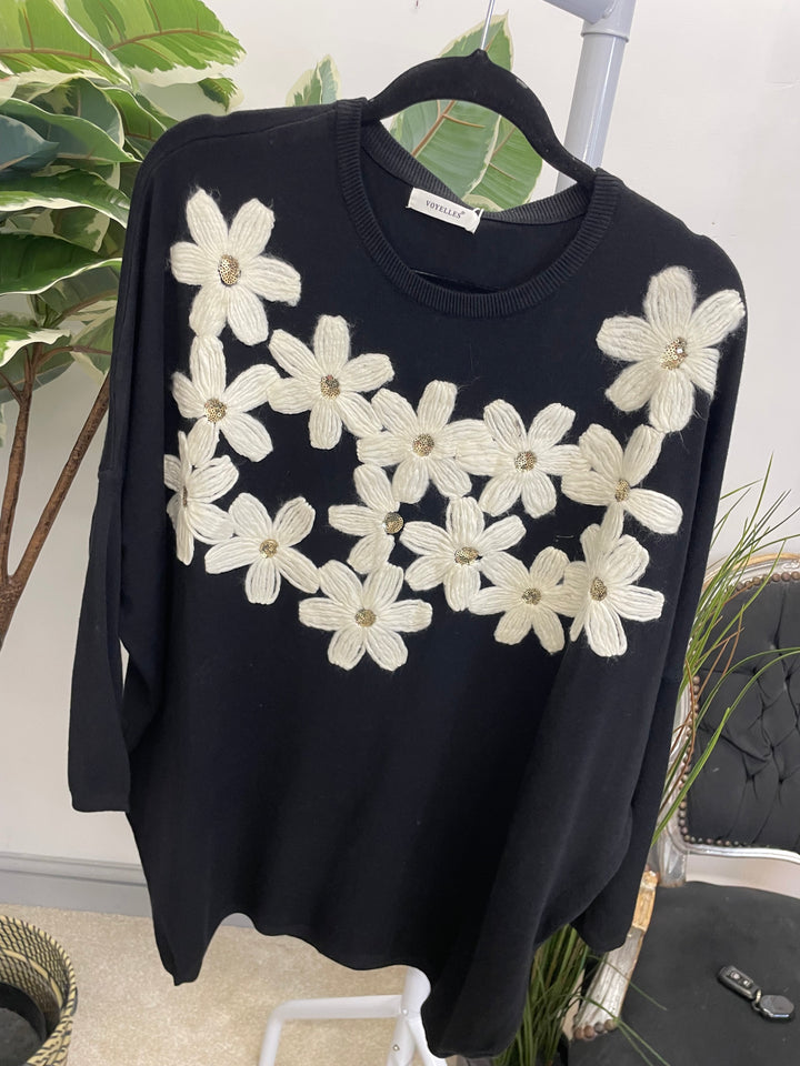 LADIES EMBROIDERED OVERSIZE LOOSE FIT JUMPER BLACK