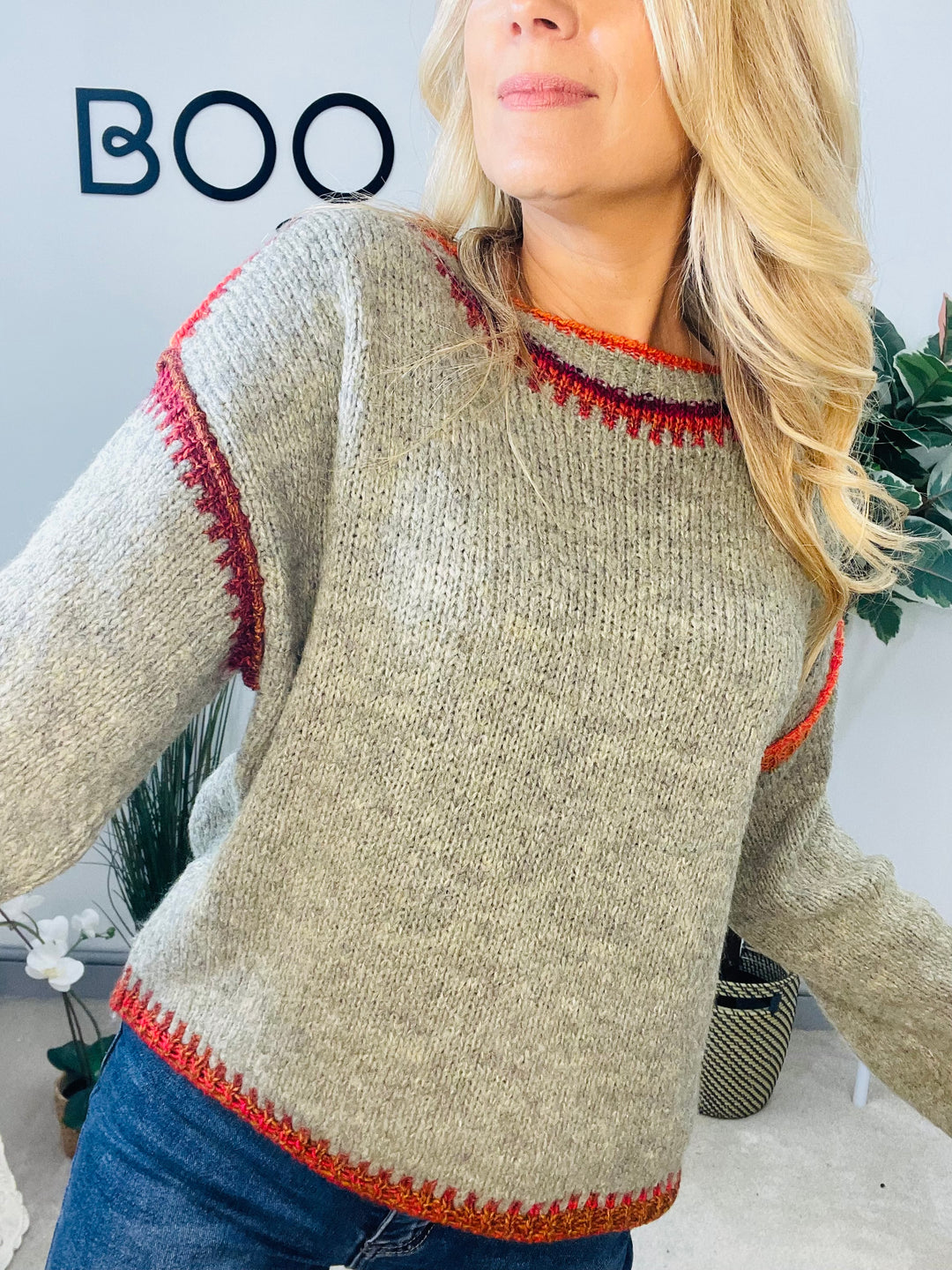 LADIES WINTER CONTRAST STITCH KNIT JUMPER - CREAM, KHAKI & BLUE