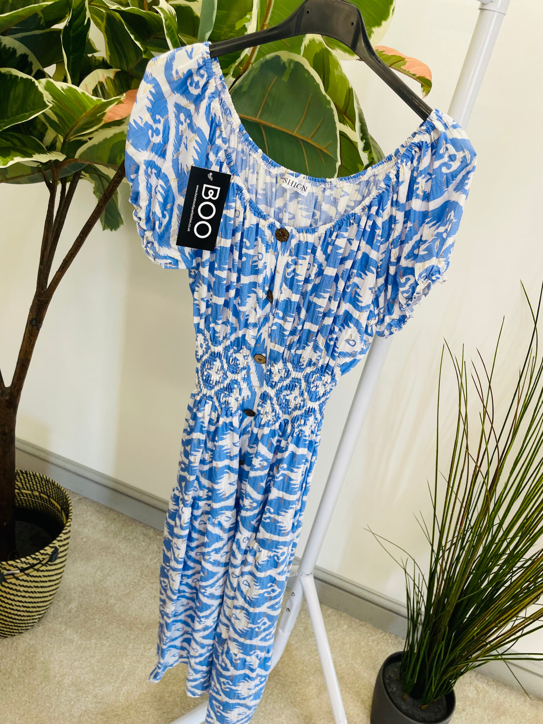 LADIES SUMMER MIDI DAY DRESS - BLUE, ORANGE, BEIGE & BLACK