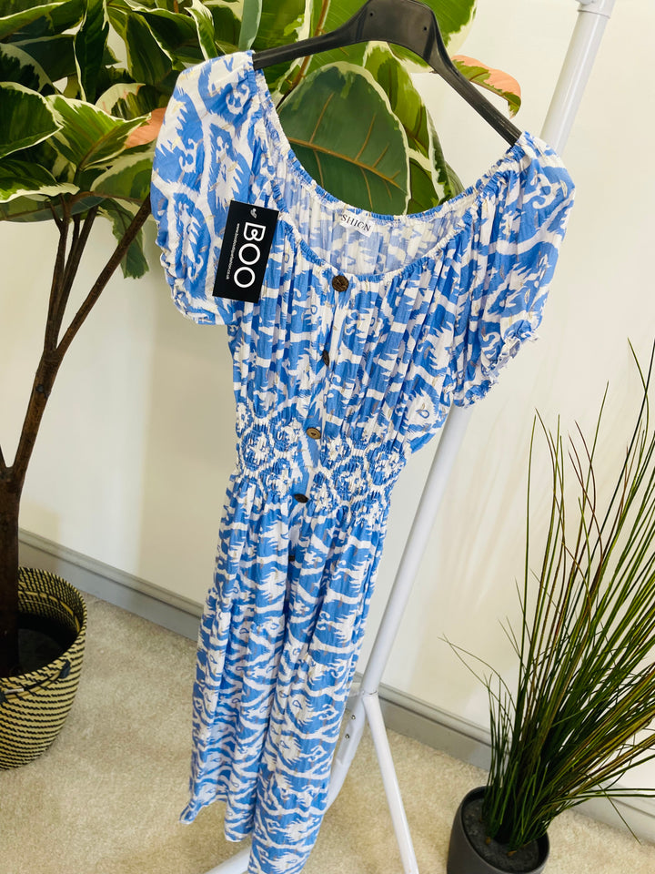 LADIES SUMMER MIDI DAY DRESS - BLUE, ORANGE, BEIGE & BLACK