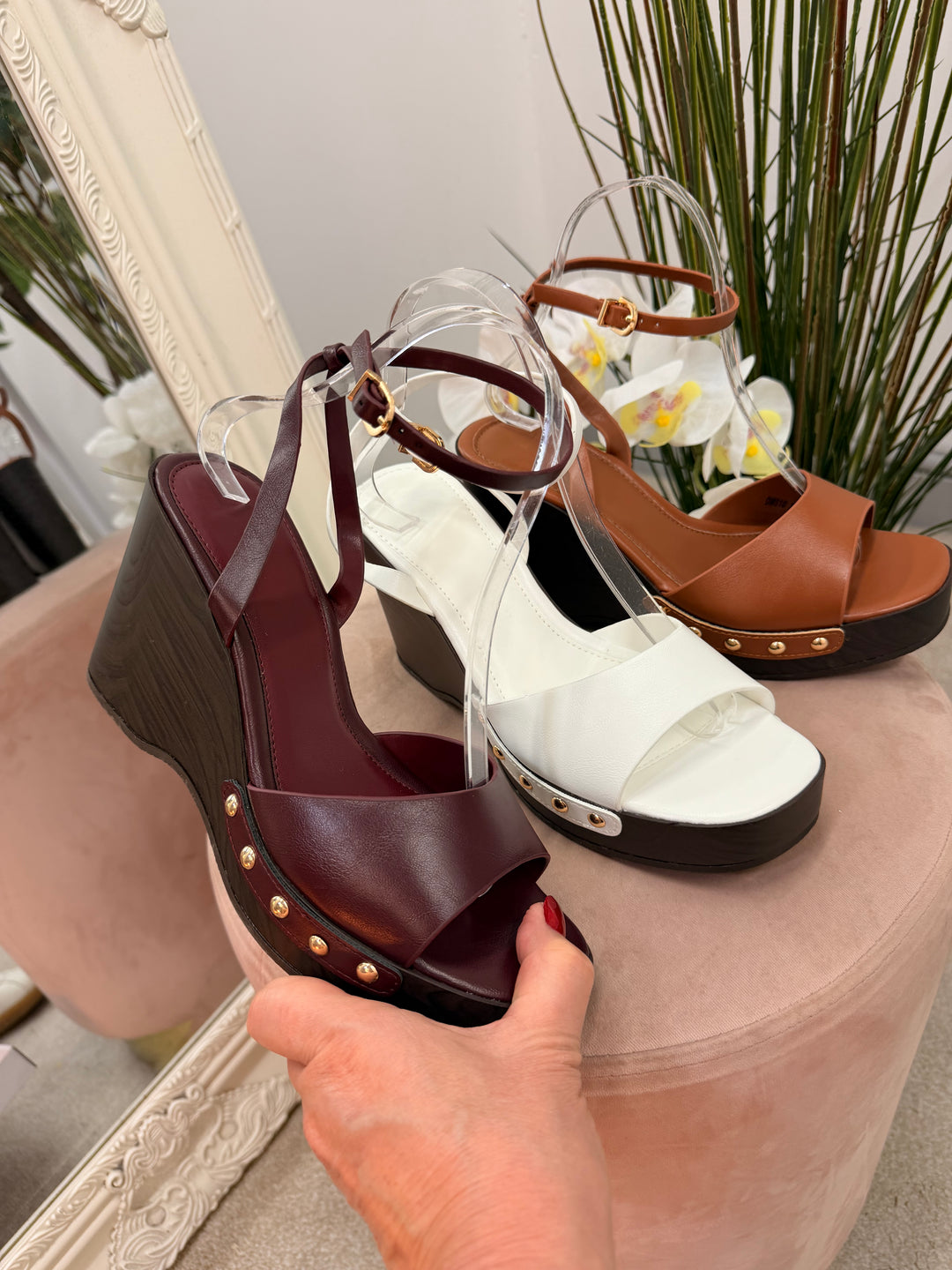 Ladies Fashion High Wedge Heel Sandals Shoes - white, burgundy & camel