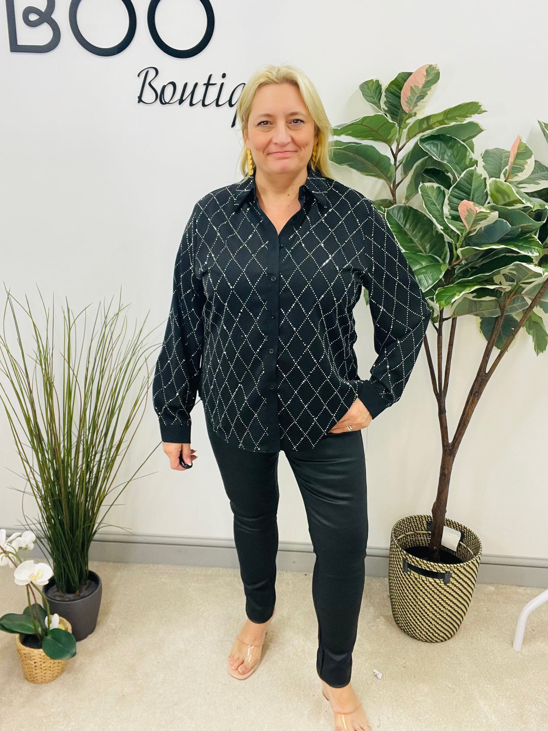 LADIES BLACK SPARKLY STUD SHIRT BLOUSE