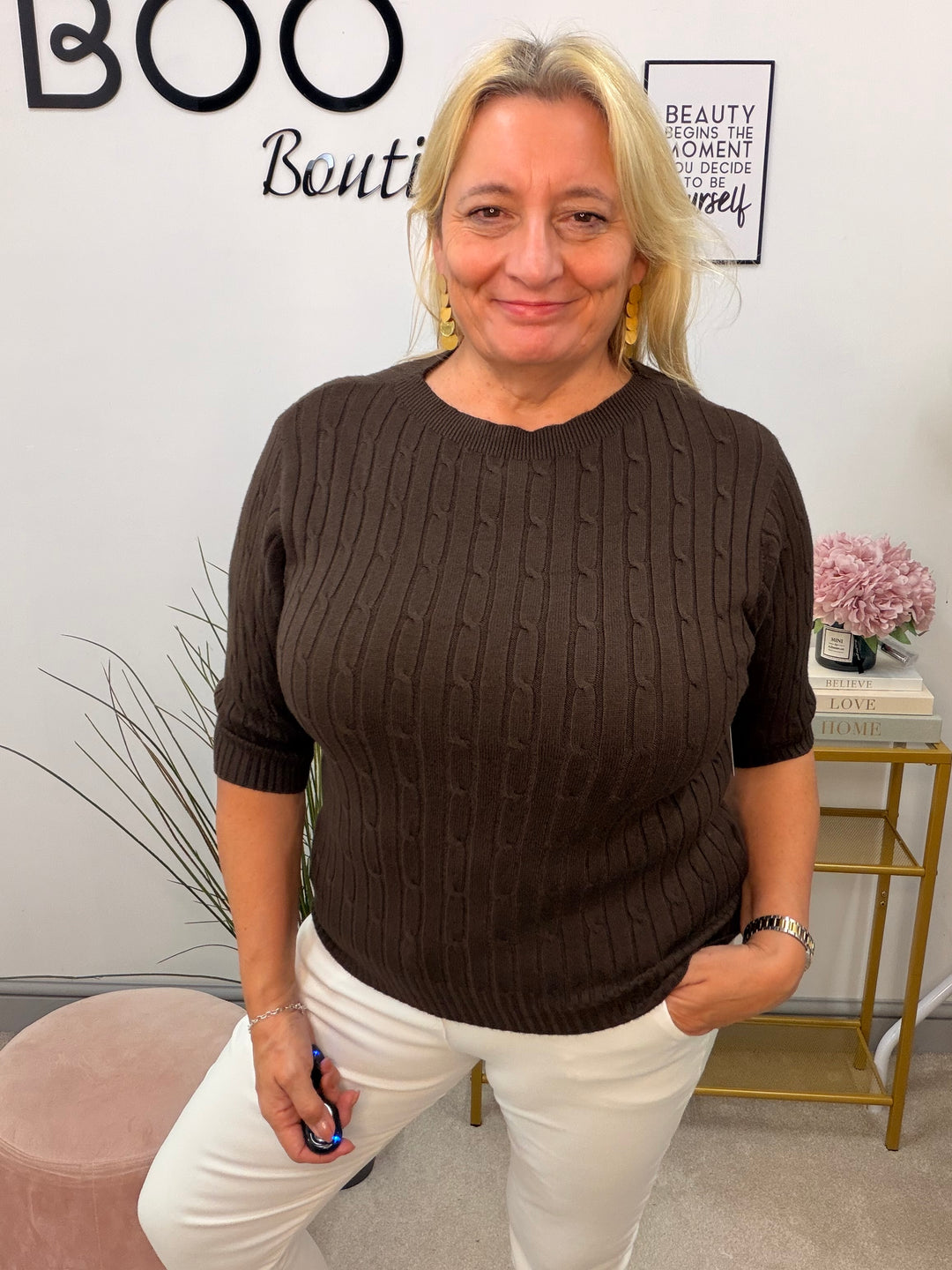 Ladies Inspired Cable Knit Short Sleeve Jumper - Blue, White, Wine, Camel, Brown