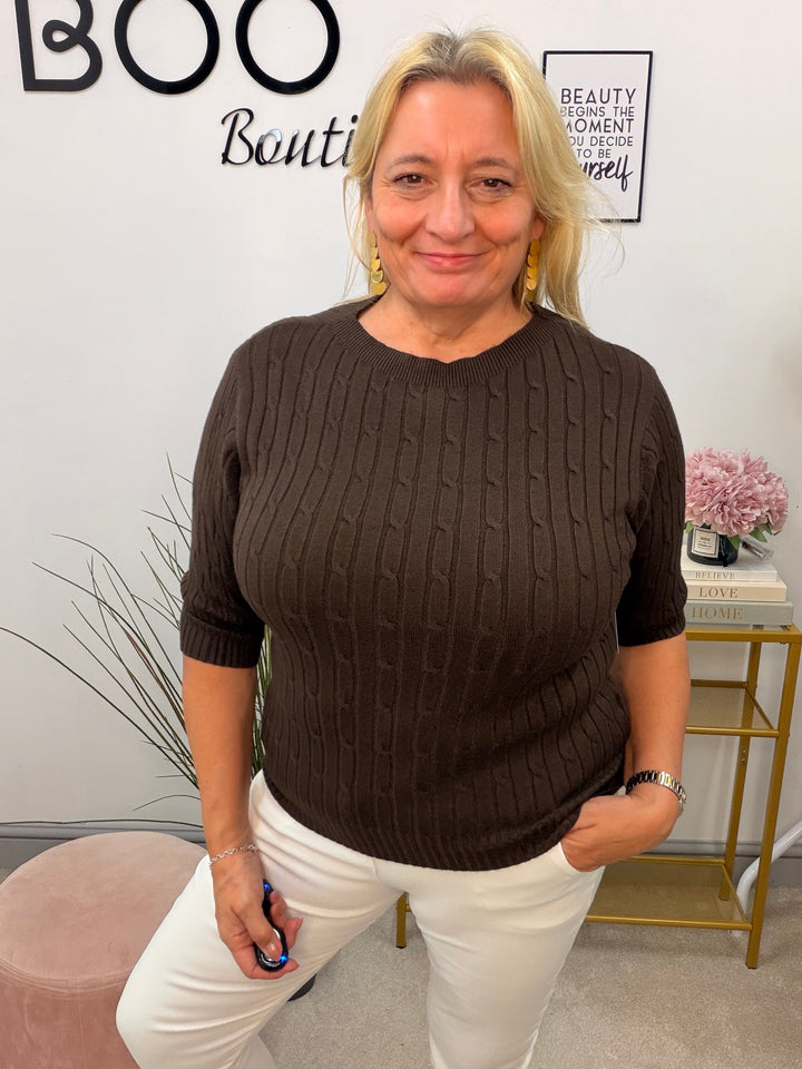 Ladies Inspired Cable Knit Short Sleeve Jumper - Blue, White, Wine, Camel, Brown