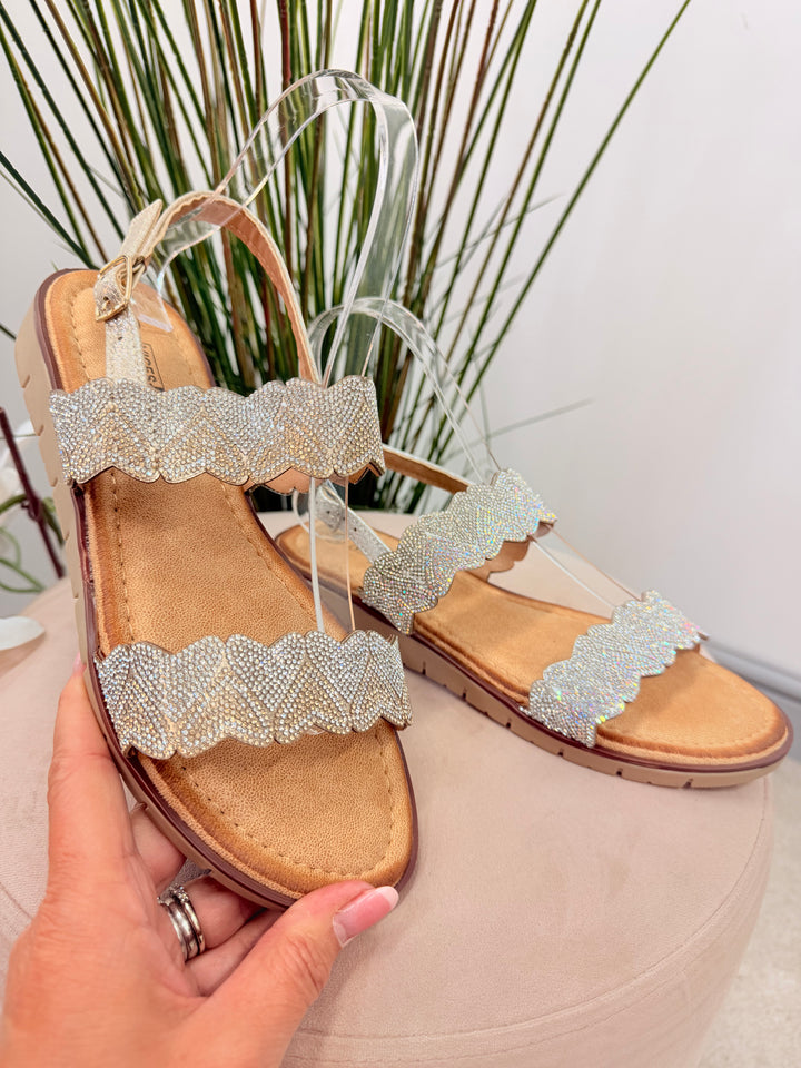 Ladies Diamante Two Strap Flatform Sandals - gold and silver