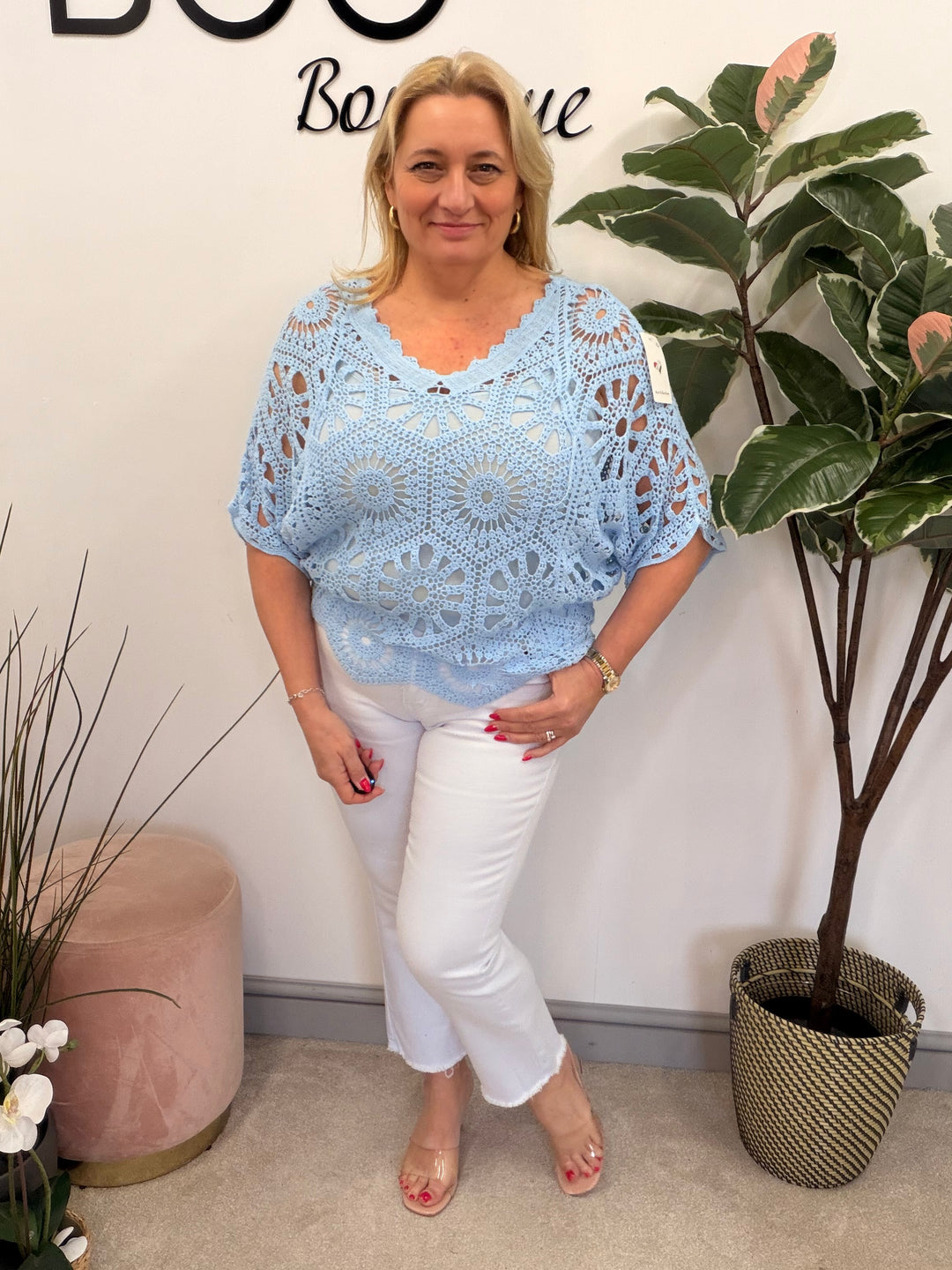Ladies Fashion Crochet Open Knit Top baby blue
