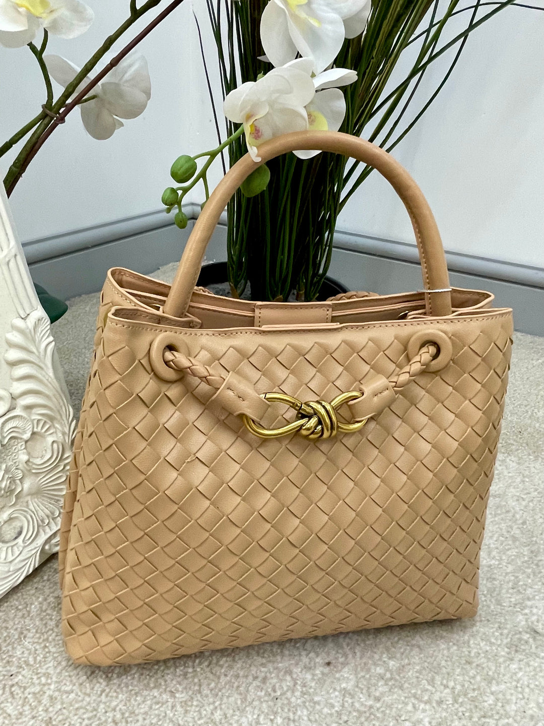 LADIES DESIGNER INSPIRED WOVEN HAND BAG - BLACK, GREEN, CAMEL & WINE