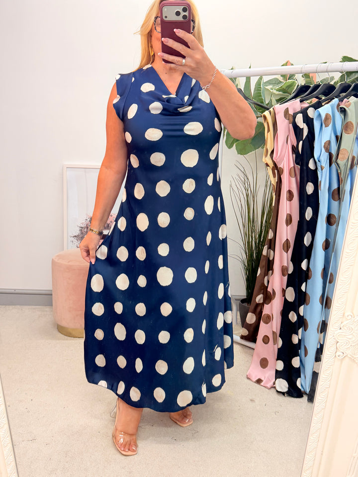 Ladies Satin Polka Dot Sheath Dress - Lemon, Black, Pink, Khaki, Navy, Black & Blue
