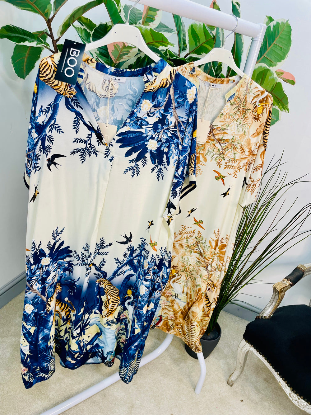 LADIES JUNGLE PRINT SUMMER LOOSE FIT SHIFT DRESS -  NAVY & BEIGE