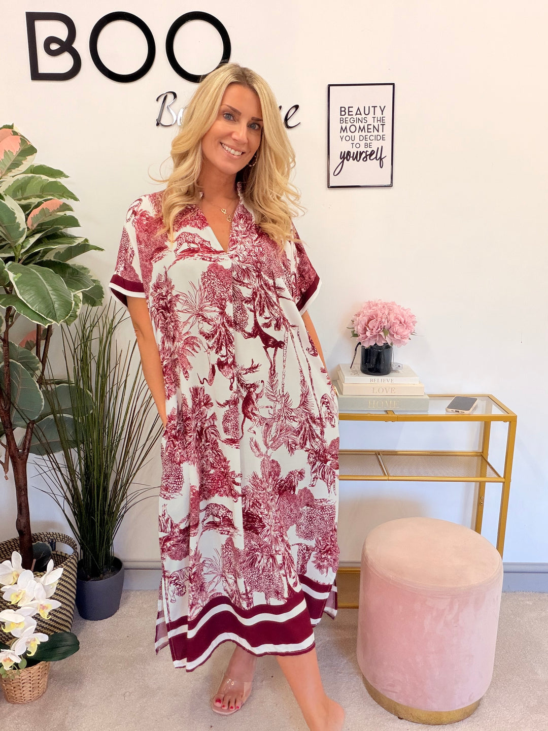 Ladies Jungle Print Loose Fit Summer Maxi Dress - Wine, Brown & Denim Blue